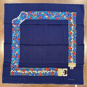 Authentic Cartier Navy Blue Silk Scarf with Colorful Floral Border